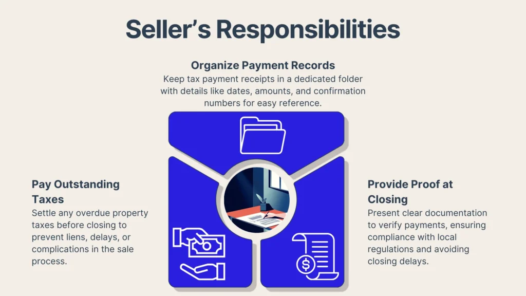 Infographic titled Seller’s Responsibilities with three sections: Organize Payment Records, Pay Outstanding Taxes, and Provide Proof at Closing, each with brief descriptions and blue icons representing each responsibility.
