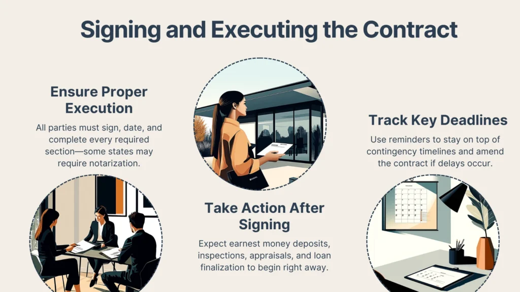 An illustrated guide shows three steps: ensuring proper contract execution, taking action after signing, and tracking key deadlines, each depicted with diverse business people and relevant icons like papers, calendars, and clipboards.