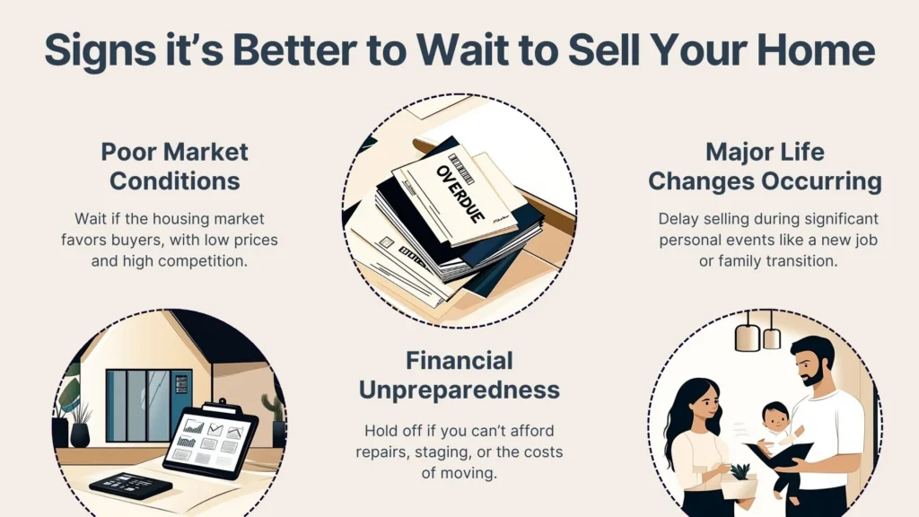 Infographic titled Signs its Better to Wait to Sell Your Home with three sections: Poor Market Conditions showing a laptop, Financial Unpreparedness depicting overdue bills, and Major Life Changes Occurring featuring a family with a baby.