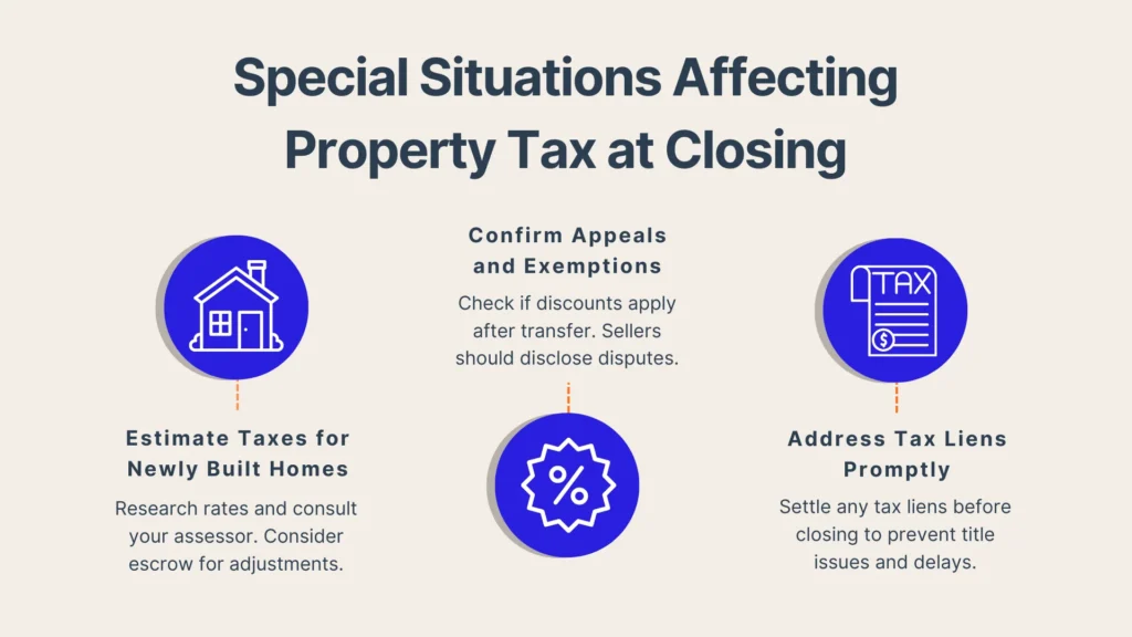 Infographic titled Special Situations Affecting Property Tax at Closing shows three sections: estimate taxes for new homes, confirm appeals and exemptions, and address tax liens promptly, each with relevant icons.