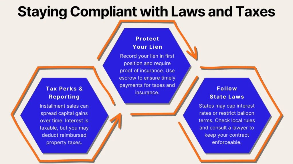 Infographic with three blue hexagons. Topics: Tax Perks & Reporting, Protect Your Lien, and Follow State Laws,” each with text explaining key points on laws, taxes, and compliance for installment sales. Orange arrows connect the hexagons.