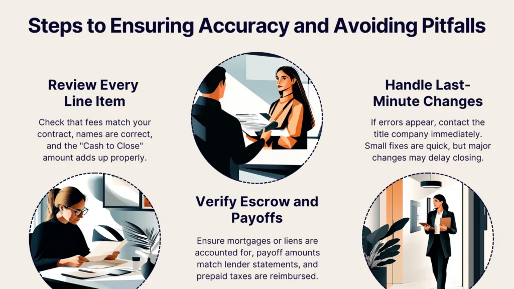 An infographic titled Steps to Ensuring Accuracy and Avoiding Pitfalls shows three steps with illustrations: Review Every Item, Verify Escrow and Payoffs, and Handle Last-Minute Changes, each with brief tips and corresponding images.