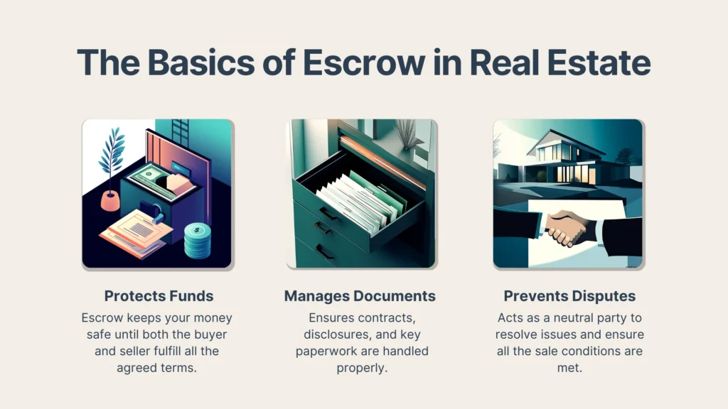 Three illustrated panels explain escrow in real estate: protects funds (money in a secure box), manages documents (open filing cabinet with papers), and prevents disputes (handshake in front of a house).