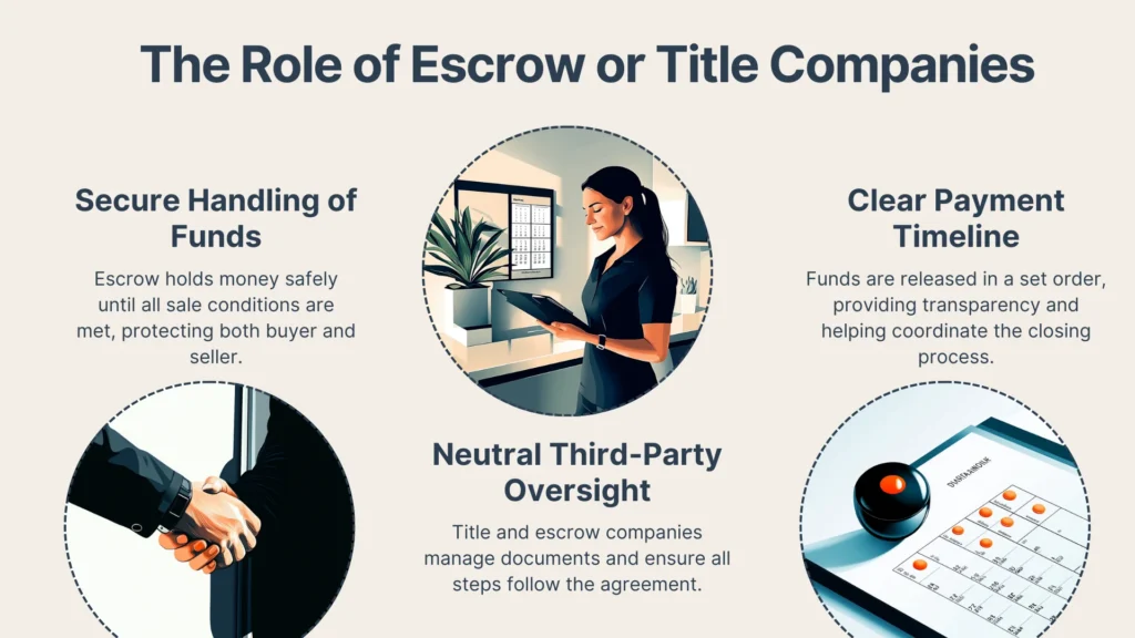 Infographic titled “The Role of Escrow or Title Companies” with three sections: handling funds securely, neutral third-party oversight, and clear payment timeline, each with related icons and illustrations, plus brief descriptions.