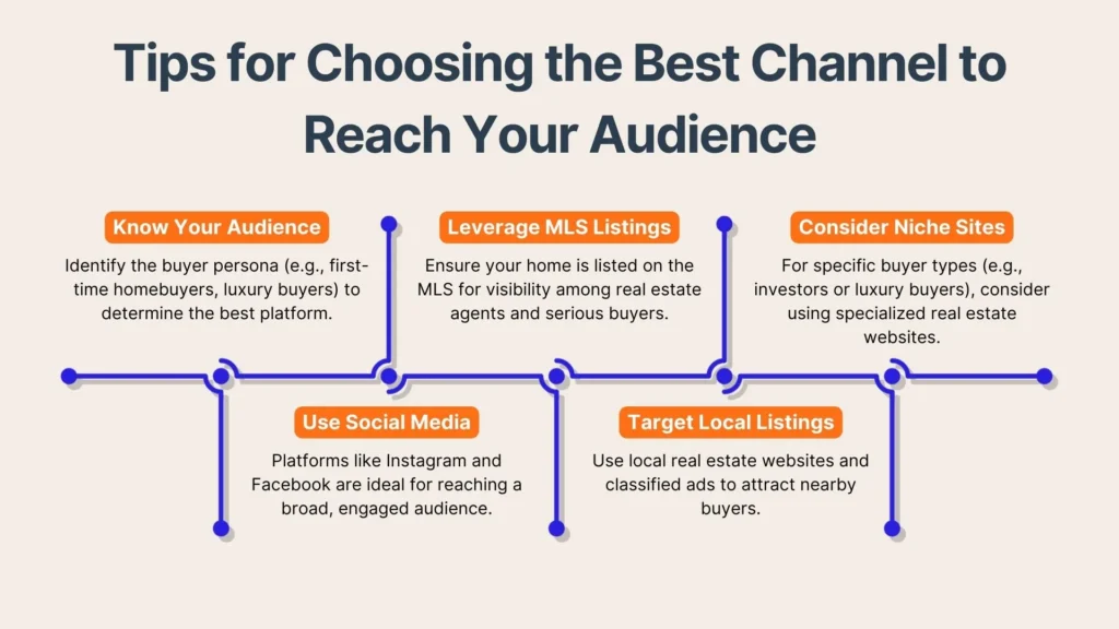 An infographic titled Tips for Choosing the Best Channel to Reach Your Audience lists tips: know your audience, leverage MLS listings, use social media, target local listings, and consider niche sites, each with brief descriptions.