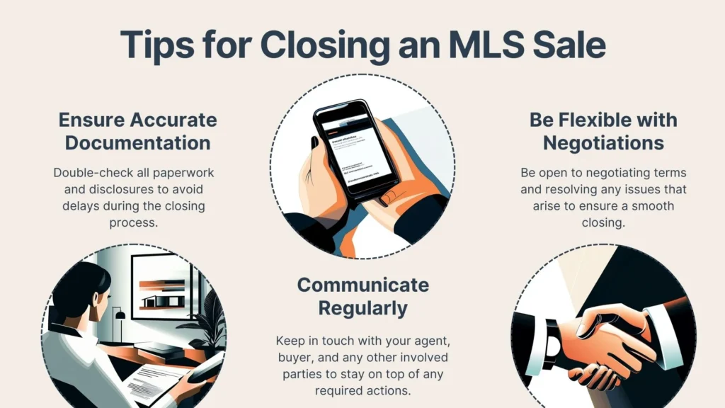 An infographic titled Tips for Closing an MLS Sale shows three illustrated circles: one with documents, one with a phone, and one with a handshake, each highlighting steps like documentation, communication, and negotiation.