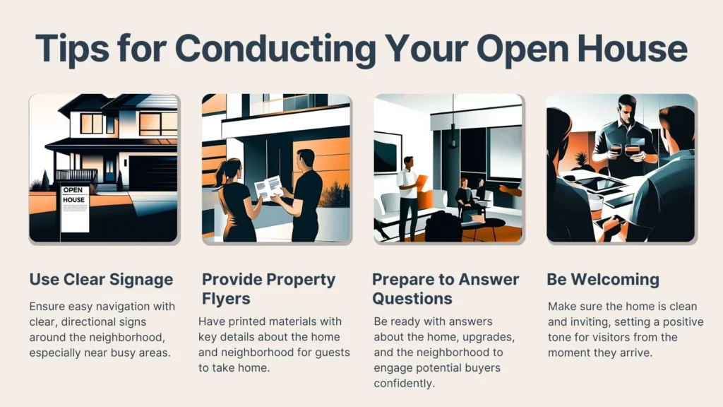 A graphic titled Tips for Conducting Your Open House shows four illustrated tips: clear signage, providing flyers, preparing to answer questions, and being welcoming, each with supporting text and matching visuals.