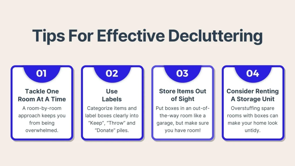 Four tips for effective decluttering are shown: tackle one room at a time, use labels for boxes, store items out of sight, and consider renting a storage unit. Each tip is in a separate labeled box.