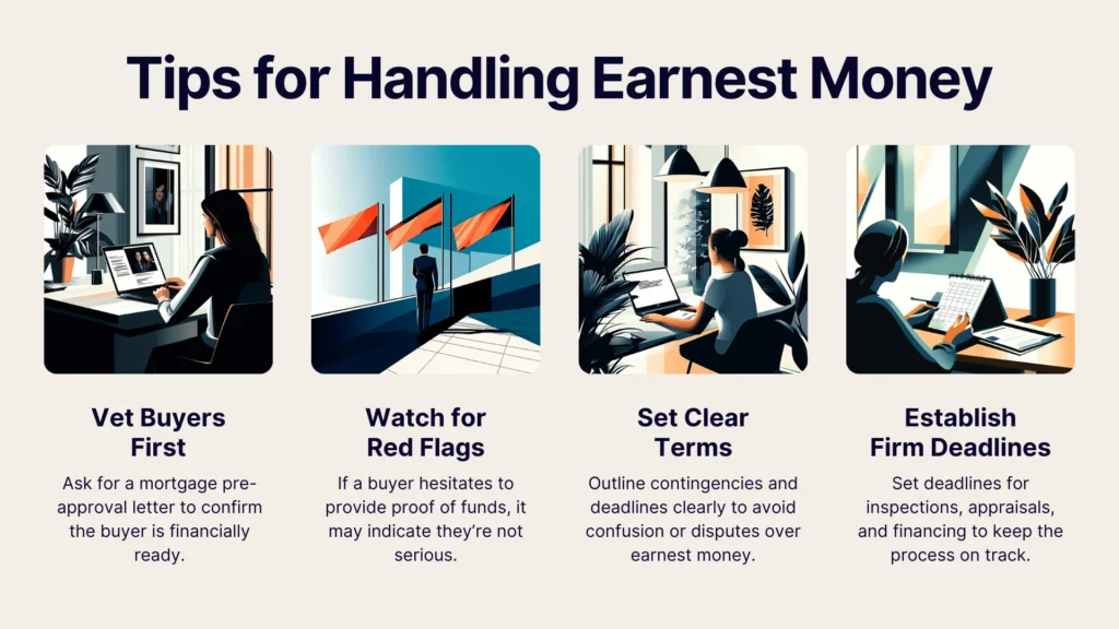 Four illustrated panels provide tips for handling earnest money: vet buyers first, watch for red flags, set clear terms, and establish firm deadlines, each with relevant icons and brief descriptions beneath the tips.