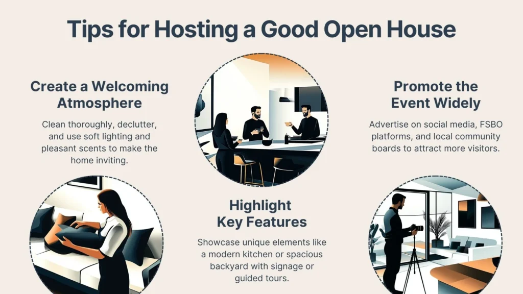 Infographic with three illustrated circles giving tips for hosting an open house: create a welcoming atmosphere, highlight key features, and promote the event widely, each with simple descriptions and illustrations of people in home settings.