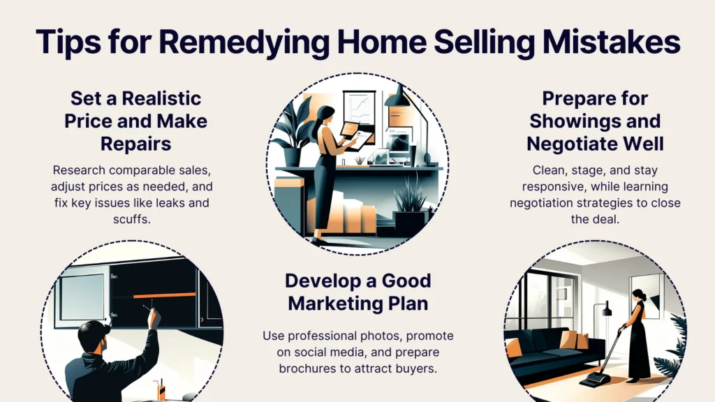 Infographic titled “Tips for Remedying Home Selling Mistakes” with illustrations and advice: set a realistic price and make repairs, develop a good marketing plan, and prepare for showings and negotiate well.