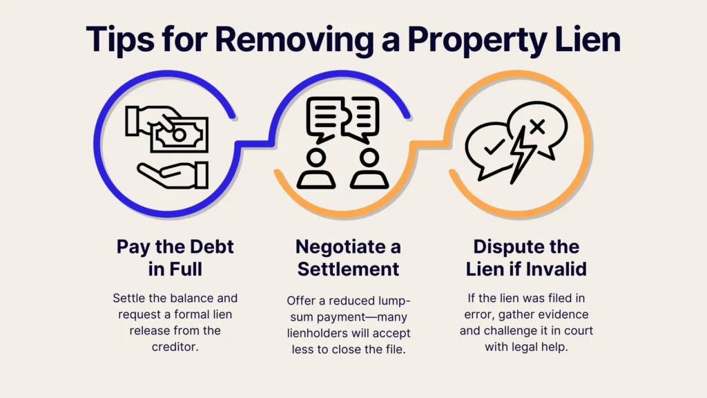 Infographic showing three tips to remove a property lien: pay the debt in full, negotiate a settlement, and dispute the lien if invalid, each with an icon and brief explanatory text under each tip.