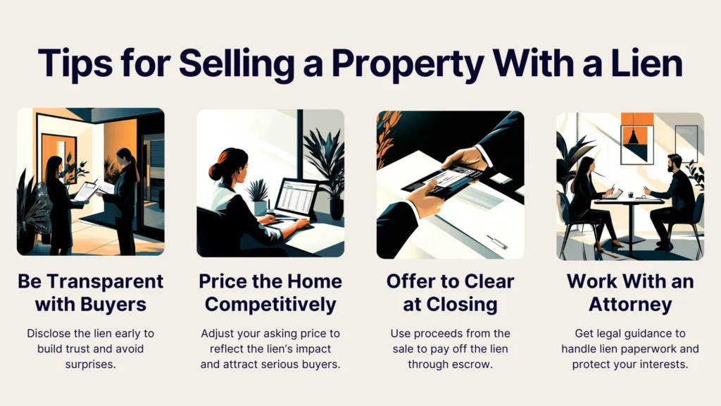 Four illustrated panels offering tips for selling a property with a lien: be transparent with buyers, price the home competitively, offer to clear the lien at closing, and work with an attorney for legal guidance.