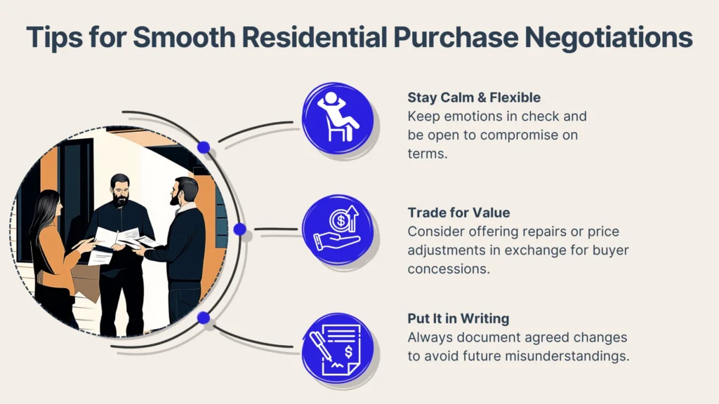 Infographic titled Tips for Smooth Residential Purchase Negotiations with three tips: stay calm and flexible, trade for value, and put it in writing, alongside related icons and a graphic of people negotiating.