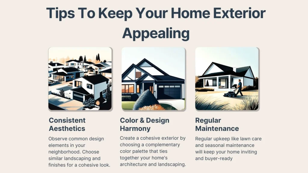 A graphic with three illustrated modern homes and tips for home exterior appeal: consistent aesthetics, color and design harmony, and regular maintenance, each with a short descriptive paragraph below the images.