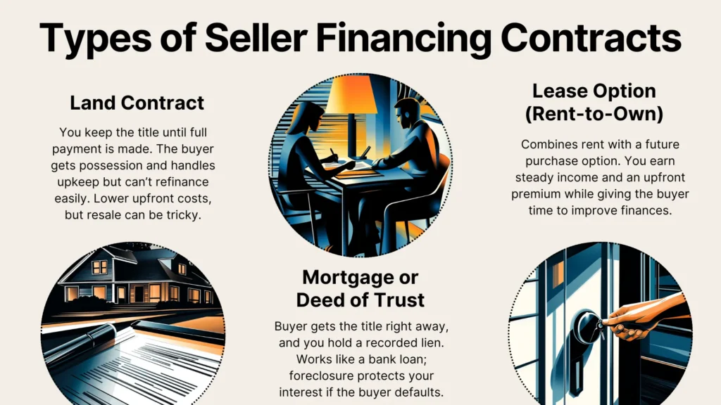 A graphic titled Types of Seller Financing Contracts explains three types: Land Contract, Lease Option (Rent-to-Own), and Mortgage or Deed of Trust, each illustrated with images depicting property and people.