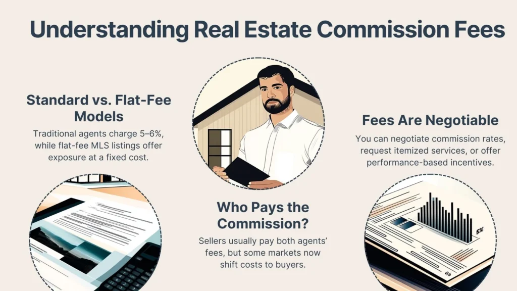 An infographic titled Understanding Real Estate Commission Fees explains standard vs. flat-fee models, fee negotiability, and who pays commissions, with related icons and an illustration of a real estate agent.