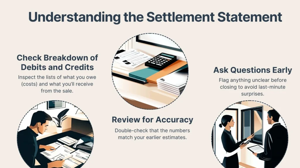 An infographic titled Understanding the Settlement Statement shows four steps: checking debits and credits, reviewing for accuracy, asking questions early, and inspecting documents, each with corresponding illustrations.