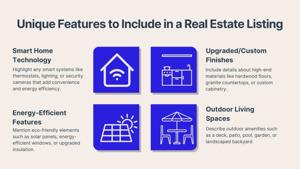 A graphic lists four unique real estate features: smart home technology, energy-efficient features, upgraded/custom finishes, and outdoor living spaces, each with a blue icon and brief description.