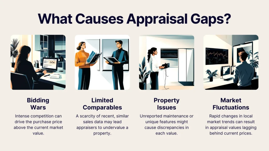 An infographic titled What Causes Appraisal Gaps? with four sections: Bidding Wars, Limited Comparables, Property Issues, and Market Fluctuations, each featuring an illustration and brief explanation of the cause.