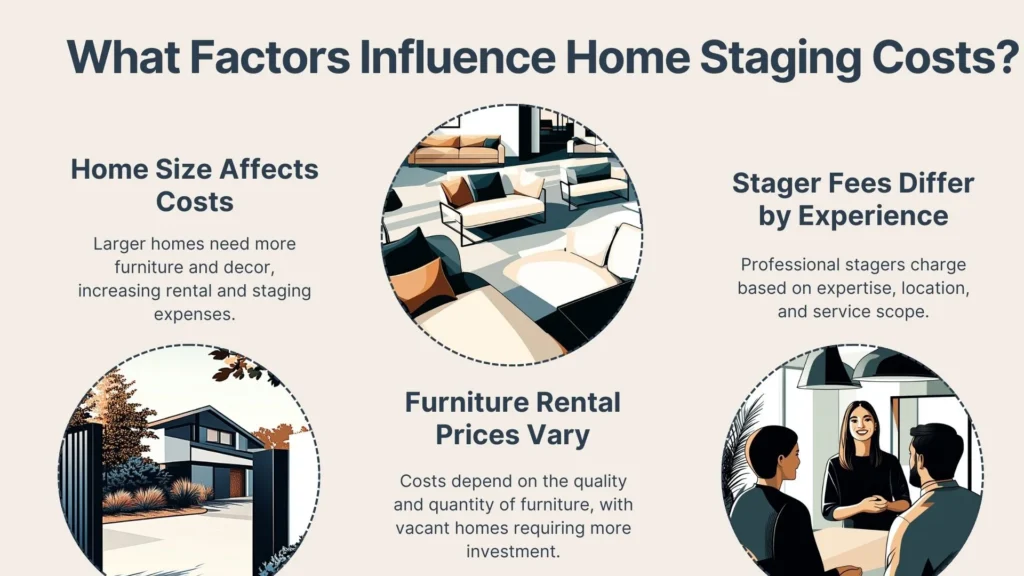 Infographic titled What Factors Influence Home Staging Costs? showing illustrations related to home size, furniture rental, and stager fees, with brief explanations of how each factor affects costs.