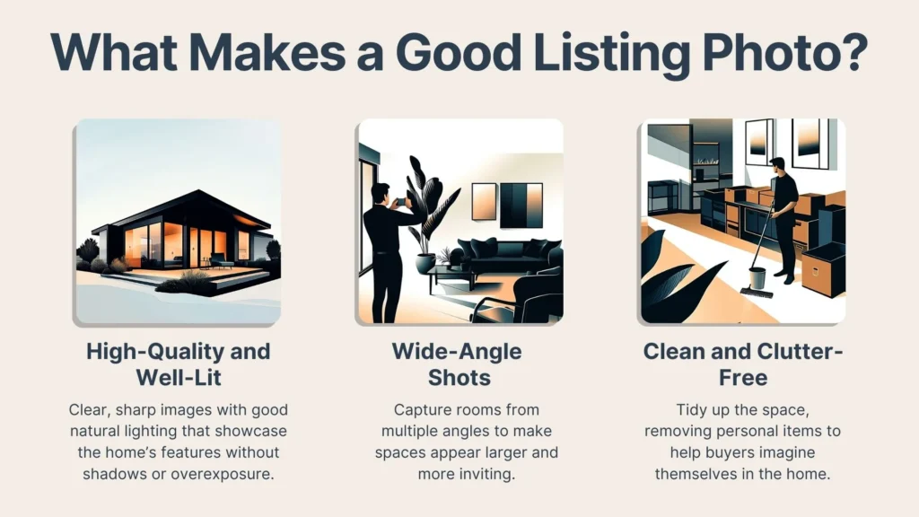 An infographic titled What Makes a Good Listing Photo? shows three illustrated tips: a well-lit house, a person taking wide-angle shots of a living room, and a tidy, modern kitchen, each with brief descriptions below.
