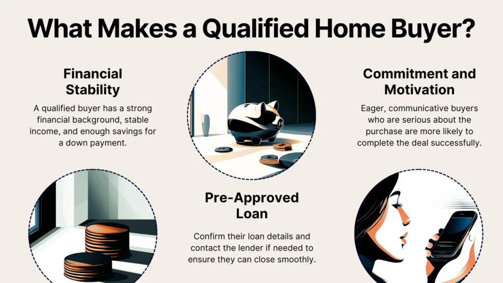 Infographic titled What Makes a Qualified Home Buyer? with three illustrated sections: Financial Stability, Pre-Approved Loan, and Commitment and Motivation, each showing relevant icons and brief descriptions.