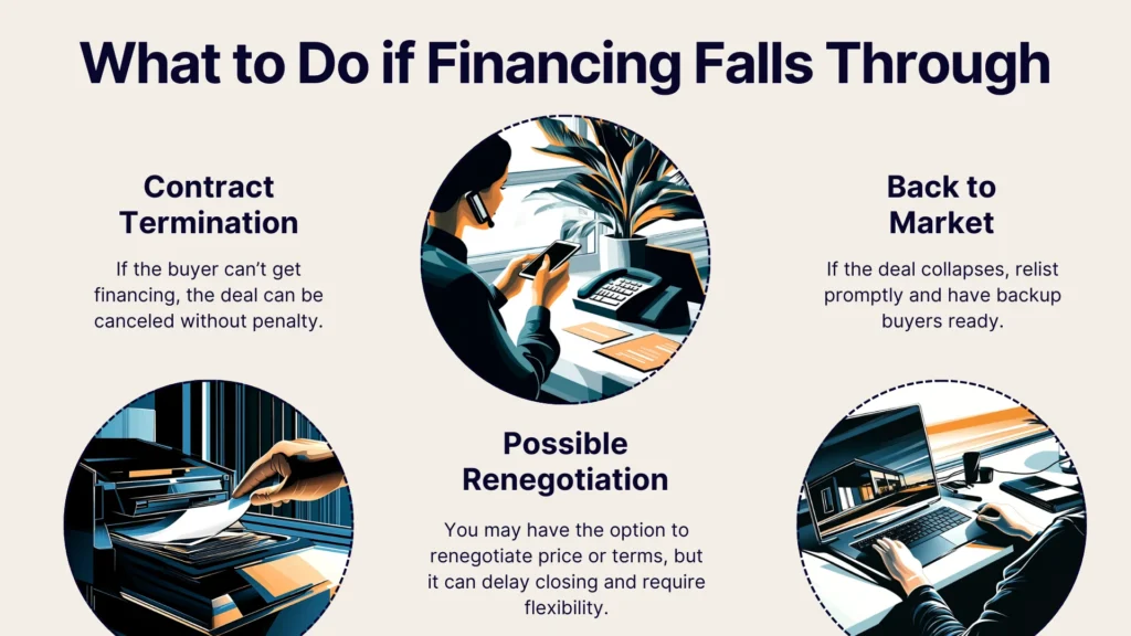 An infographic titled “What to Do if Financing Falls Through” shows three steps: Contract Termination, Possible Renegotiation, and Back to Market, each with an illustrated business scene and brief descriptions.