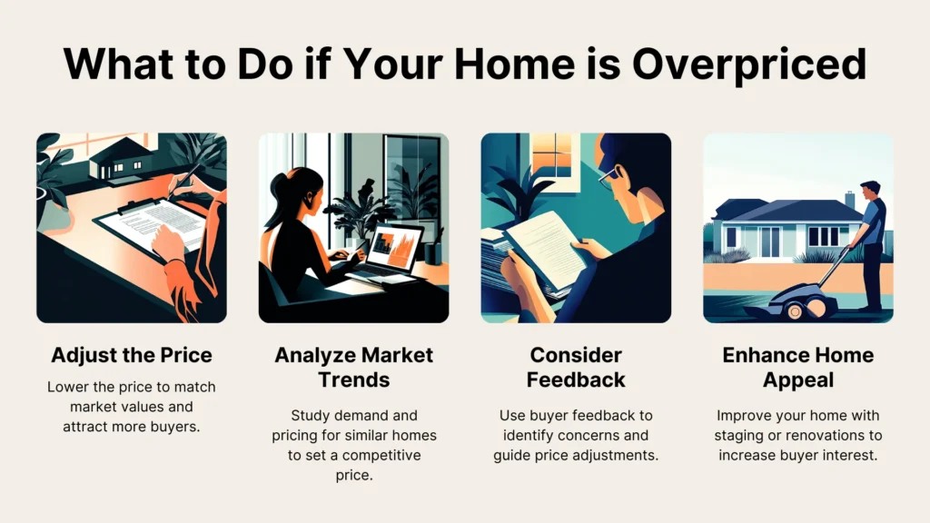 A graphic titled What to Do if Your Home is Overpriced shows four illustrated steps: adjust the price, analyze market trends, consider feedback, and enhance home appeal, each with relevant images and brief descriptions.
