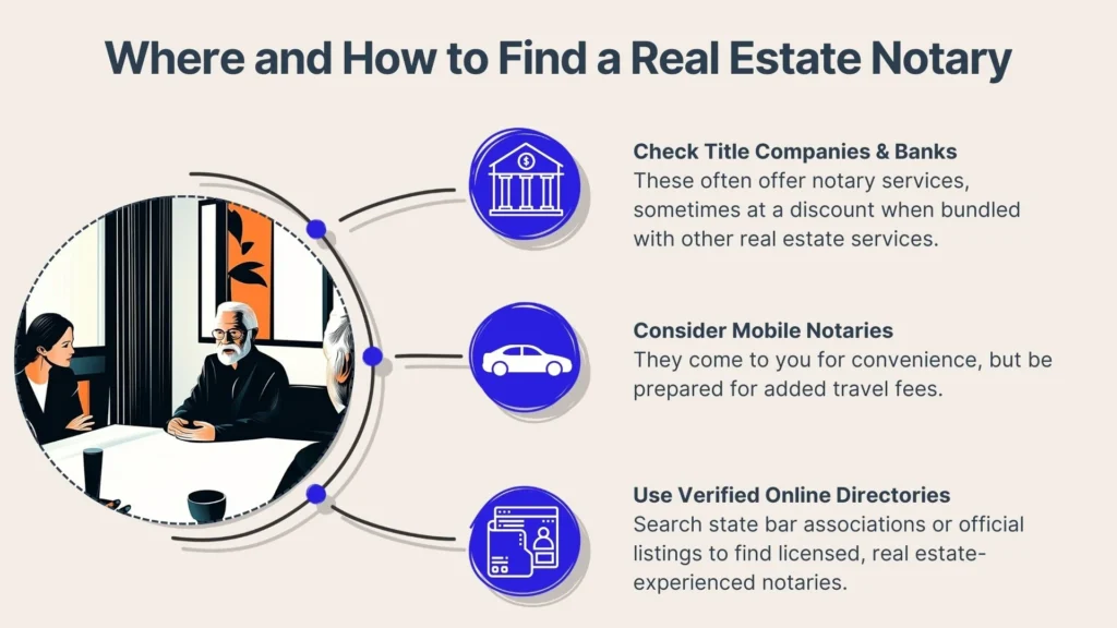 Infographic titled Where and How to Find a Real Estate Notary. It lists: check title companies & banks, consider mobile notaries, and use verified online directories, each with an icon and short description.