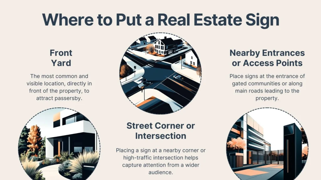 An infographic titled Where to Put a Real Estate Sign shows tips for placement: front yard, street corner or intersection, and nearby entrances or access points, with illustrative images for each location.