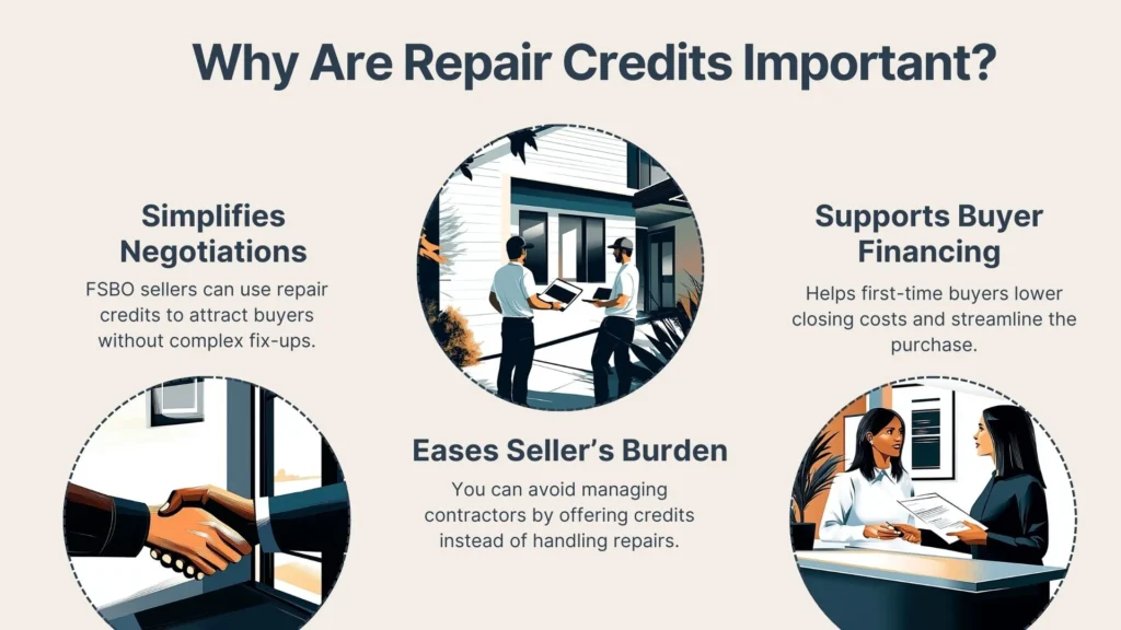 Infographic titled Why Are Repair Credits Important? with three illustrated sections: Simplifies Negotiations, Eases Sellers Burden, and Supports Buyer Financing, each showing related real estate scenarios.