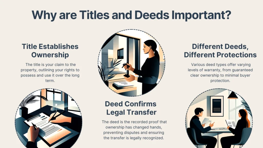 An infographic titled Why are Titles and Deeds Important? shows three sections with illustrations: establishing ownership, confirming legal transfer, and explaining different deed protections.