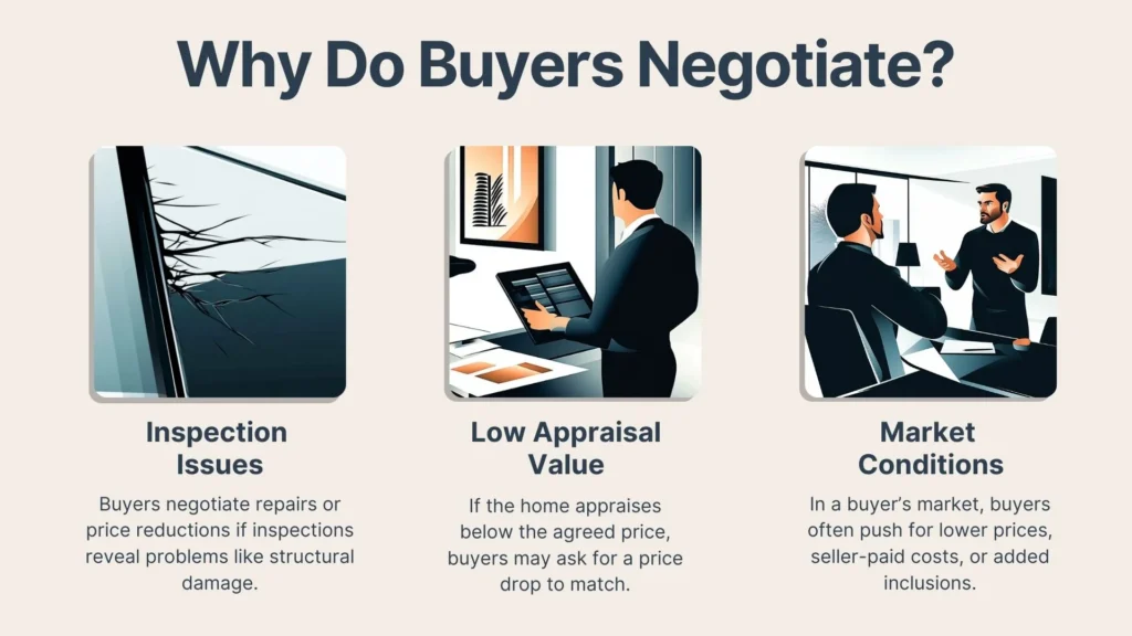 An infographic titled Why Do Buyers Negotiate? shows three illustrated panels: Inspection Issues, Low Appraisal Value, and Market Conditions, each with a short description and a relevant image.