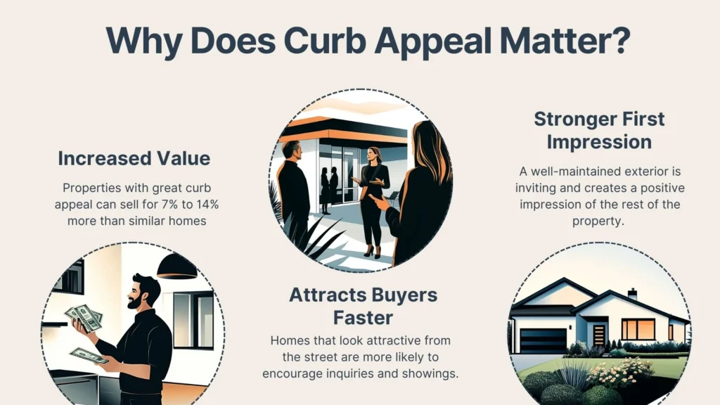 An infographic titled Why Does Curb Appeal Matter? features three illustrated sections explaining that curb appeal increases home value, attracts buyers faster, and creates a strong first impression with a maintained exterior.