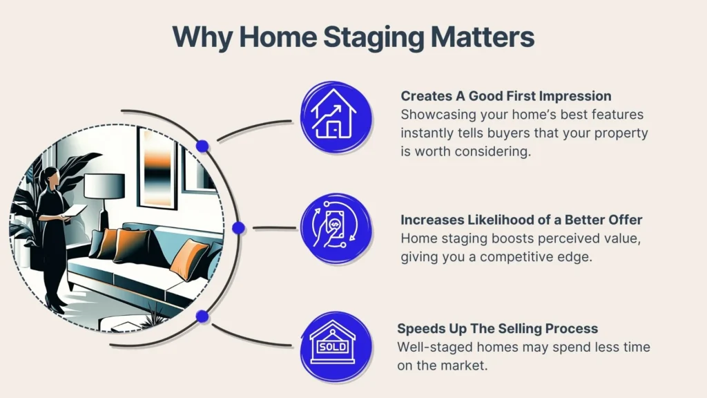 Infographic titled Why Home Staging Matters with an image of a staged living room and three benefits: good first impression, increased likelihood of sale, and faster selling process, each with blue icons.