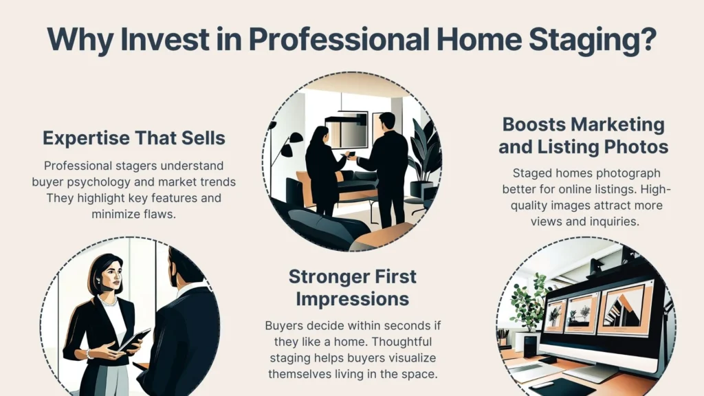 An infographic titled Why Invest in Professional Home Staging? shows three illustrated sections explaining staging benefits: expertise that sells, stronger first impressions, and boosted marketing with increased listing views.