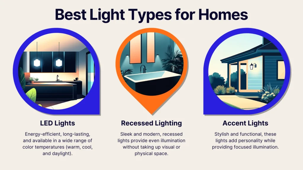 Infographic showing three best home light types: LED lights in a kitchen, recessed lighting above a bathtub, and accent lights on a porch. Each type’s benefits are described beneath corresponding illustrations.