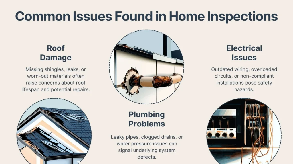 Infographic titled Common Issues Found in Home Inspections with sections for roof damage, plumbing problems, and electrical issues, each depicted with related images and brief descriptions beneath each heading.