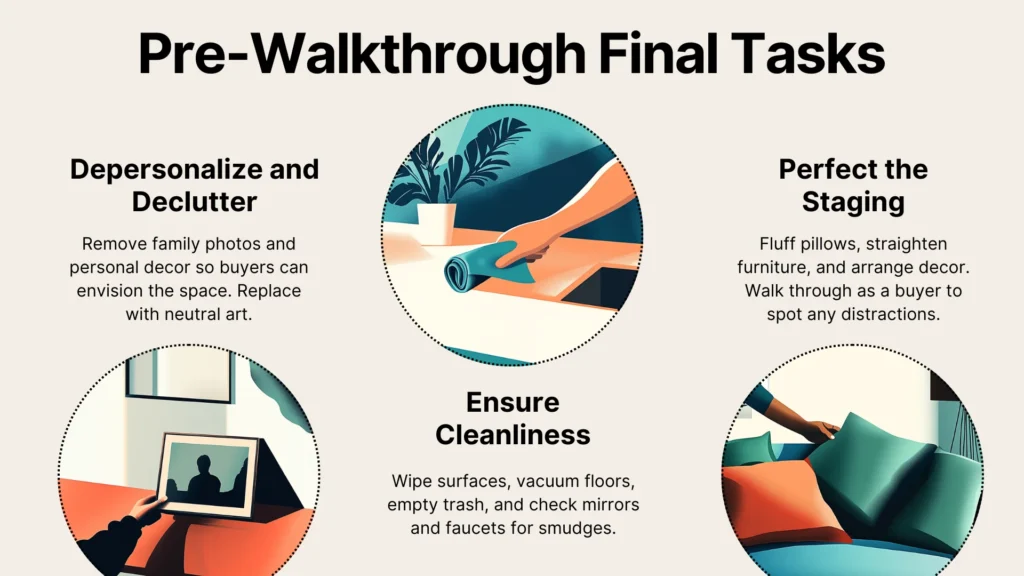 Infographic titled Pre-Walkthrough Final Tasks with three illustrated steps: depersonalize and declutter, ensure cleanliness, and perfect the staging, each paired with simple drawings of cleaning or organizing.