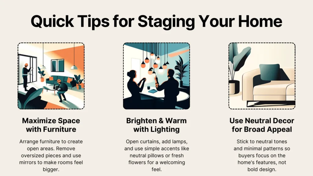 An infographic titled Quick Tips for Staging Your Home with three illustrated sections: maximizing space with furniture, brightening with lighting, and using neutral decor for broad appeal, each with brief explanatory text.
