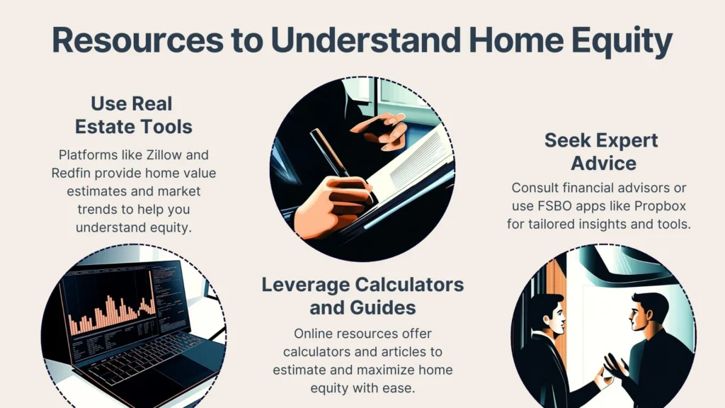 An infographic titled “Resources to Understand Home Equity” with three sections: real estate tools (laptop image), calculators and guides (handwriting in a notebook), and expert advice (two people talking in an office).